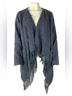 Katherine Kelly Sz S Fringe Hem Alpaca Silk Blend Knit Open Cardigan Blue